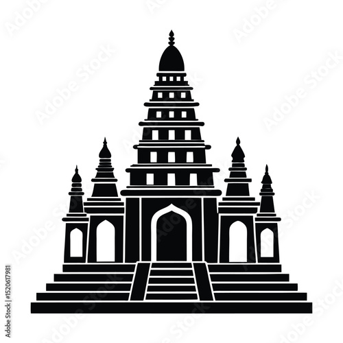 Indian Temple Silhouette Meenakshi-Style Architecture Vector Illustration