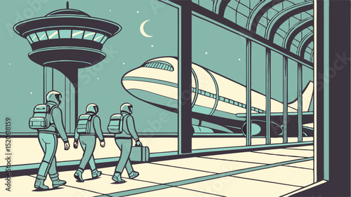 Astronauts travel to space by plane concept art vector illustration space travel future technology