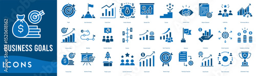 Business Goals icon set. Target, Goal Achievement, Growth Chart, Investor Relations, Business Plan, Success and Company Vision