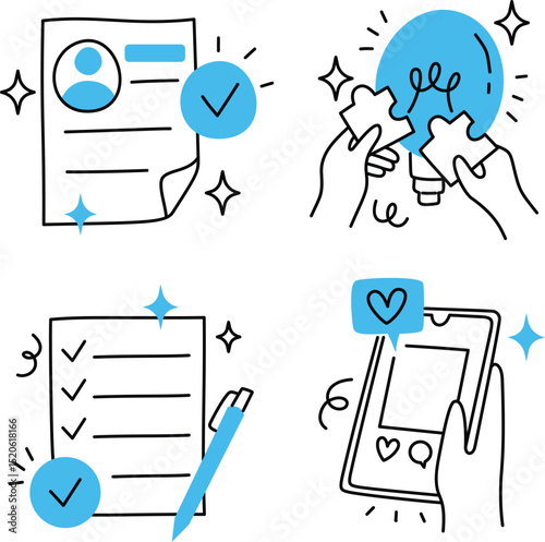 Simple line icons of various office division activities, including teamwork, creative idea, checklist, and social media management.