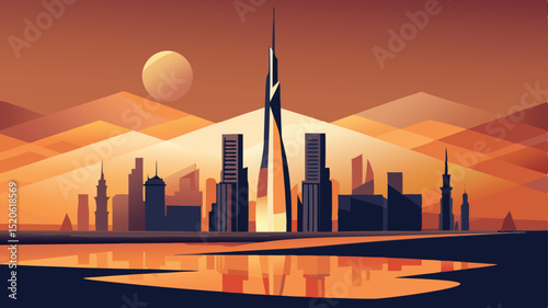 Dubai city skyline illustration sunset cityscape evening