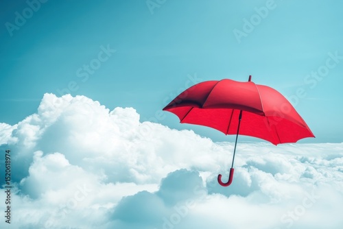 poetic 3D render of red umbrella above cumulus cloud, sky background, soft shadows