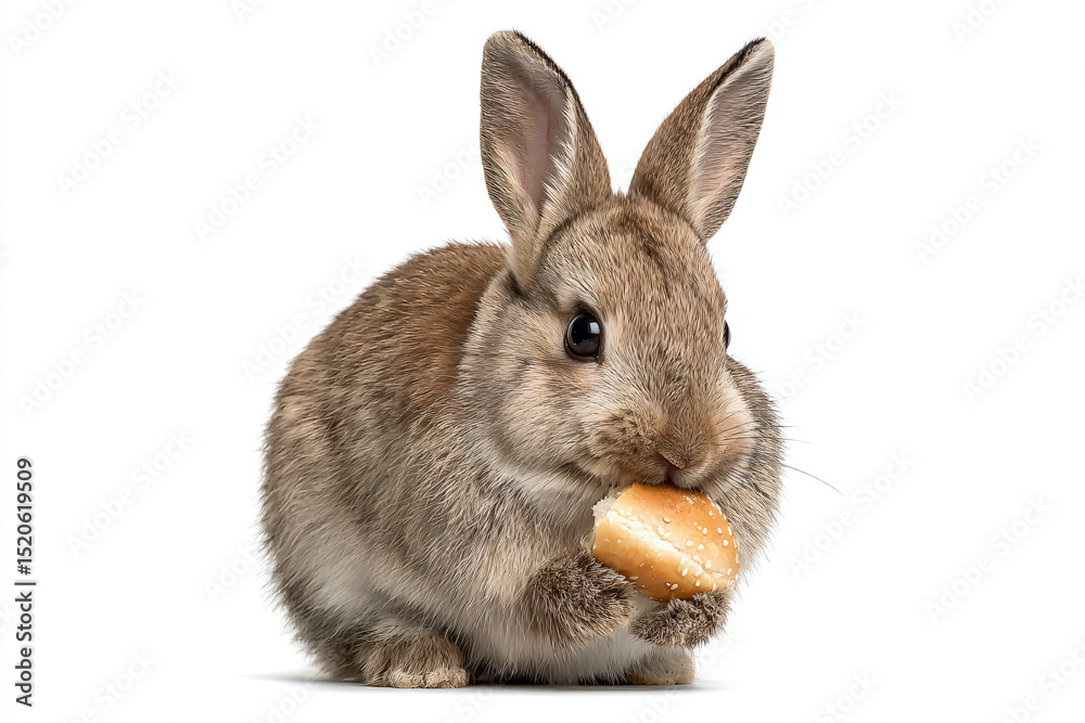 Obraz premium a rabbit eating a piece of bread on a white surface