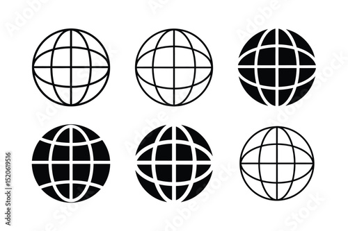 Globe and World Grid Silhouette Icon Set