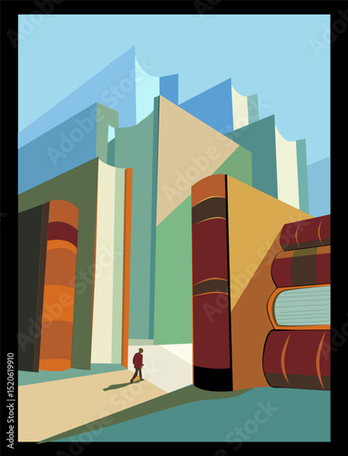 A person stands at the center of a stylized graphic environment resembling a cityscape