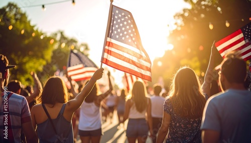 Crowd carrying flags at sunset