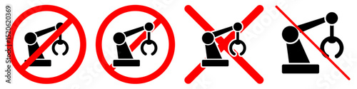 No robotic sign icon vector for anti-AI, restricted automation, and forbidden robot activity. Ideal for protest designs, security alerts, and control interface graphics.