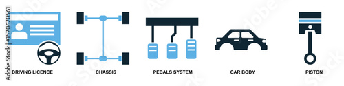 Set of automobile icon vector for various vehicle types, driving tools, and transport symbols. Ideal for UI kits, fleet dashboards, and auto shop interfaces.	