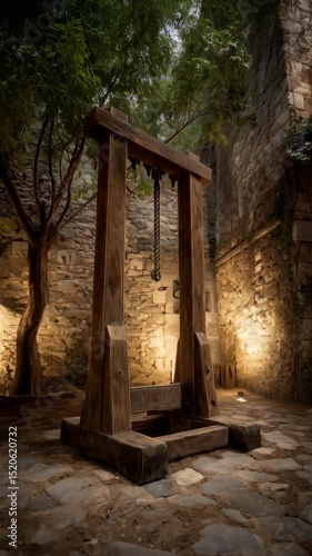 An old wooden guillotine standing on a cobblestone surface, enclosed by a crumbling stone wall and overgrown with trees, evoking a somber and historical mood.