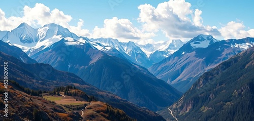 Majestic peaks, snow-capped summits, lush valley below,  environment,  geographical