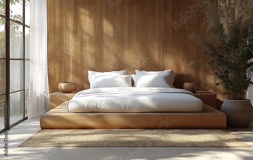 Minimalist bedroom mockup with wooden bed white linens and plants

