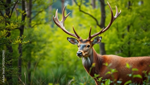 Majestic stag with antlers in lush green forest, antlers, fauna