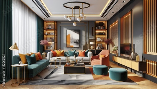 Interior design of a modern living room featuring bold accent colors on furniture and walls for aesthetic contrast.