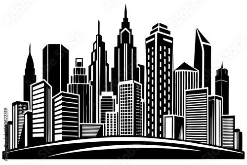 A black and white cityscape illustration showcases a modern city's skyline with towering skyscrapers and lush green trees lining a road.