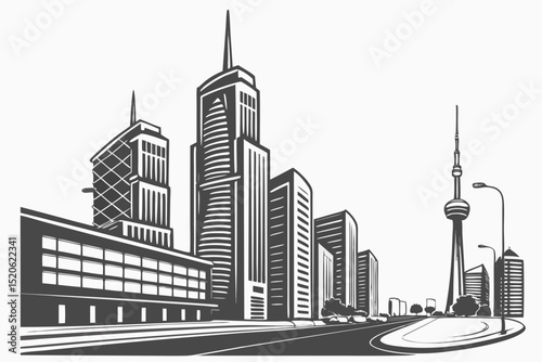 A black and white cityscape illustration showcases a modern city's skyline with towering skyscrapers and lush green trees lining a road.