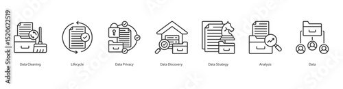 Data Strategy banner web icon set vector illustration concept with icon of data cleaning, lifecycle, data privacy, data discovery, data strategy, analysis, data