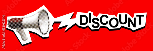 Megaphone dotted collage discount icon vector with paper torn texture for promo alerts. Ideal for pop designs, sale labels, and marketing graphics.