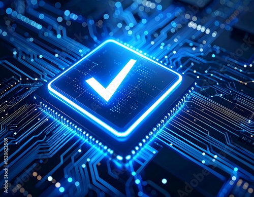 Circuit board with glowing checkmark