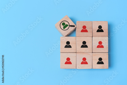 For buyer persona and target customer concept. Customer psychology profile ,characteristics. Personalized marketing and customer analysis. Wooden cube blocks with buyer persona icons