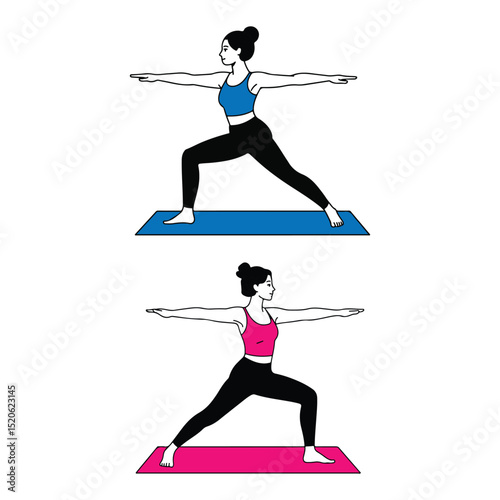 Two Asian Women in Warrior Pose with Arms Extended on White Background