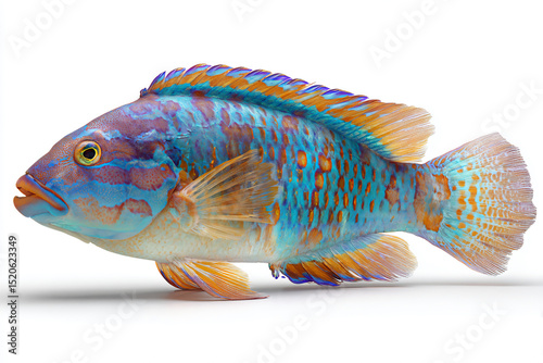 a blue and orange fish on a white surface photo