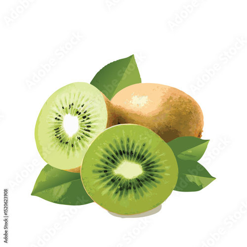 Colorful kiwi fruit with leaves  icon  vector illustration on transparent background.