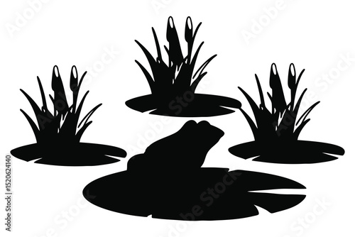 Serene Frog Silhouette in a Lush Aquatic Habitat Featuring Water Plants and Lily Pads Perfect for Nature Illustrations or Designs