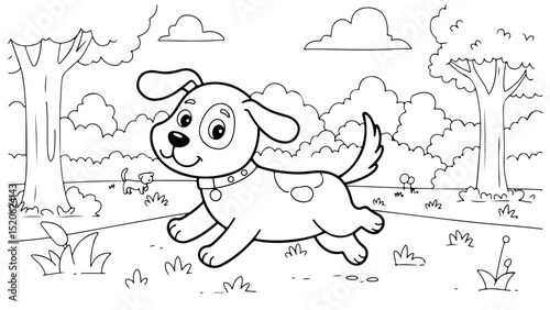 dog cartoon outline for coloring page, vector line art black and white illustration, white background
