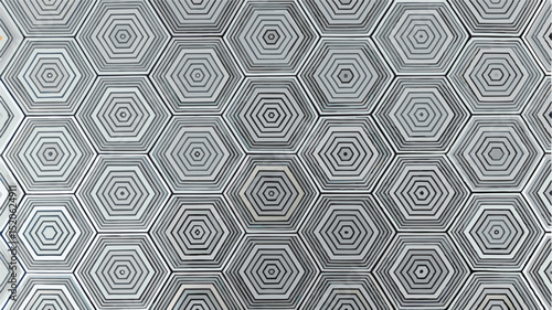 A seamless geometric pattern composed of interlocking hexagons, each filled with concentric lines that form a hypnotic, maze-like effect. 