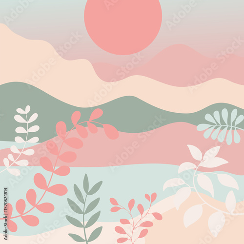 Nature landscape background. Foliage line art drawing with abstract shape.Plant Art design for print, cover, wallpaper, Minimal and natural wall.