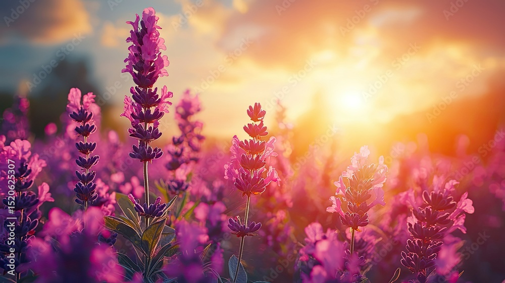 Naklejka premium Vibrant lavender field at sunset.