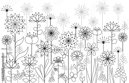 Black vector flowers silhouettes background. Simple outline black flowers isolated on white background.	