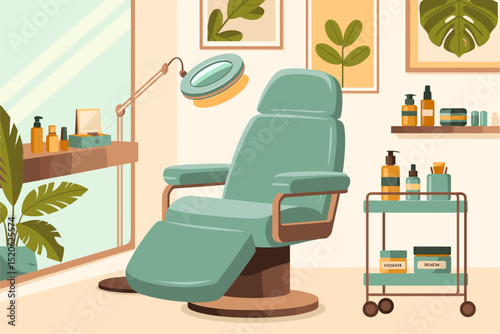 Beauty salon with A green chair with a light on it is in a room with a lot of bottles and other items. Retro style vector art illustration

