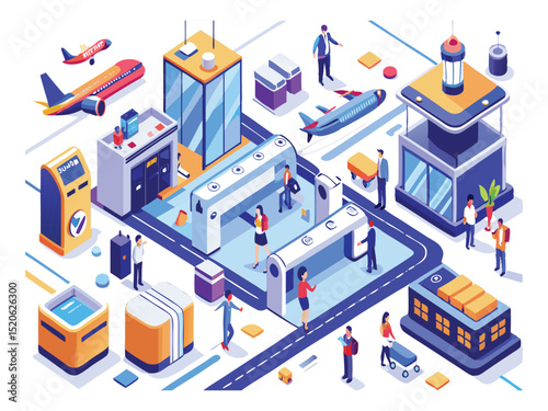 Airport check in process isometric illustration isolated on white background
