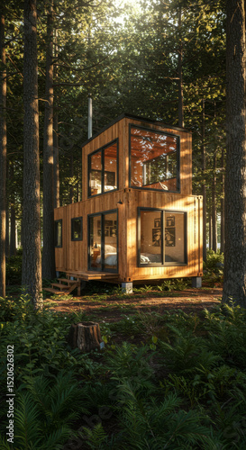 Shipping container house home, tiny house in sunny day. Shipping container houses is sustainable, eco-friendly living in the forest