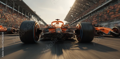 Fast Orange Formula Race Car Speed Blur Background Auto Prix Sport Track Grand Power Tires Crowd    