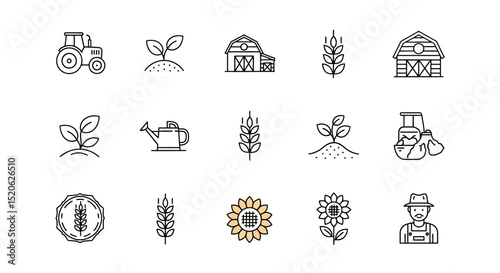 Agriculture Icons Farm, Tractor, Wheat, Sunflower, Barn - Vector Illustration