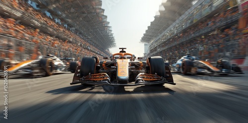 Fast Formula One Race Car Speeding Through Track Crowd Cheering f1 blur prix grey sport power grand 