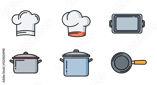 Culinary Icon Set Chef Hats, Pots, Pans, and Baking Trays – Free Vector Illustration