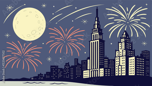 Vintage city skyline at night with fireworks and moon illustration for new year celebration design art