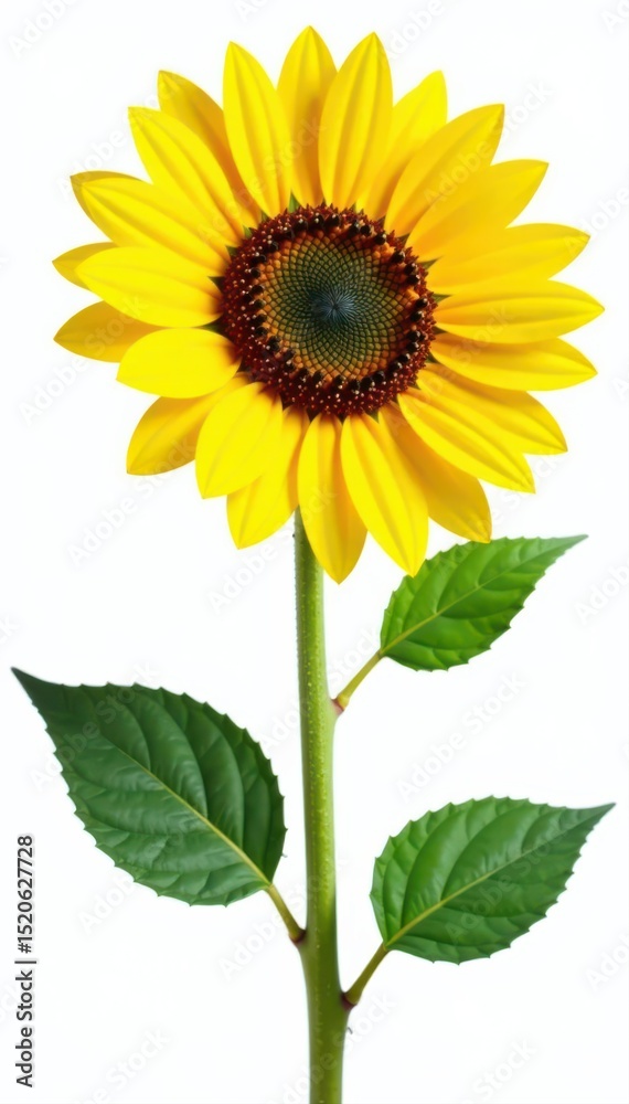 Naklejka premium Single large sunflower, bright yellow petals, white backdrop , beautiful, vibrant