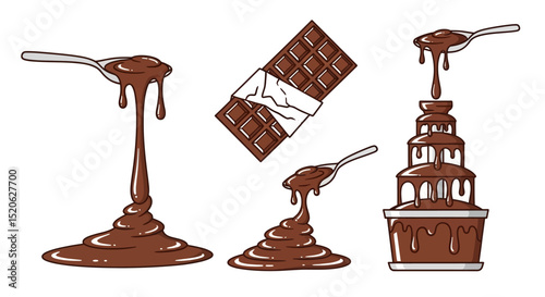 Delicious Melted Chocolate Dripping Illustrations Spoons, Fountain, and Bars