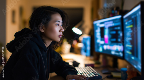 Young female programmer working on code late at night in tech workspace.
