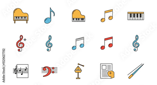 Colorful Music Icons Piano, Notes, Treble Clef, and More - Vector Illustration