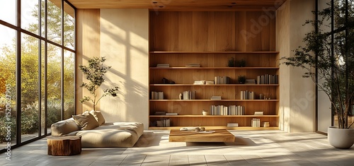 Modern minimalist living room mockup with wooden bookshelf and sofa

