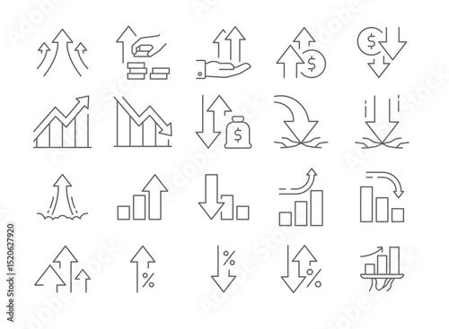 Growth and Decline line Icon Set. Outline style. Stock Market, Profits, Launches, Financial Movement. Business Themes. Editable Stroke.