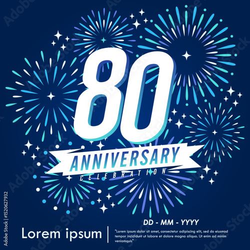 80th years anniversary celebration emblem. congratulations anniversary logo isolated with ribbon and fireworks sparkle on blue background. vector illustration template design for web