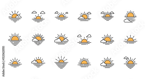 Sunset Icon Set 24 Line Art Sun and Cloud Illustrations for Design Projects