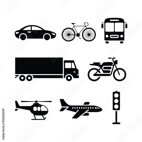 Transport and Vehicle Icon Collection – Flat Black Style