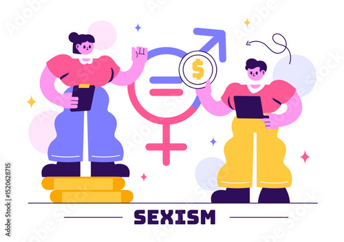 Sexism Illustration Featuring Gender Inequality Between Men and Women in the Workplace or Society, Aiming to Raise Awareness and Stop Discrimination